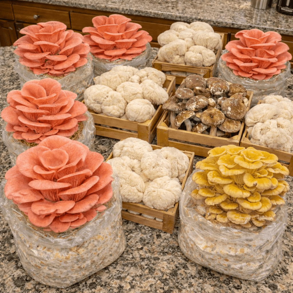 Variety of gourmet mushrooms grown at home — pink oyster, lion's mane, shiitake, and golden oyster on a kitchen counter