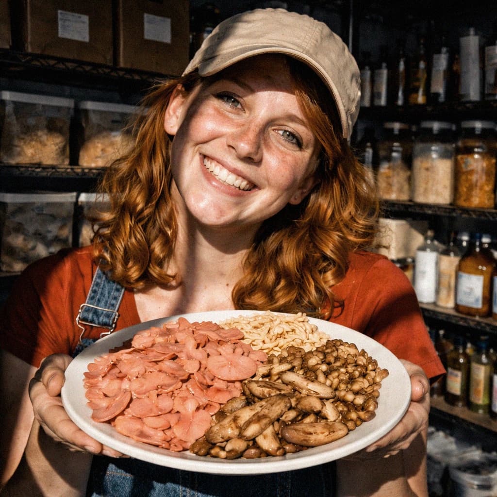 Sadie holding a plate of freshly harvested mushrooms