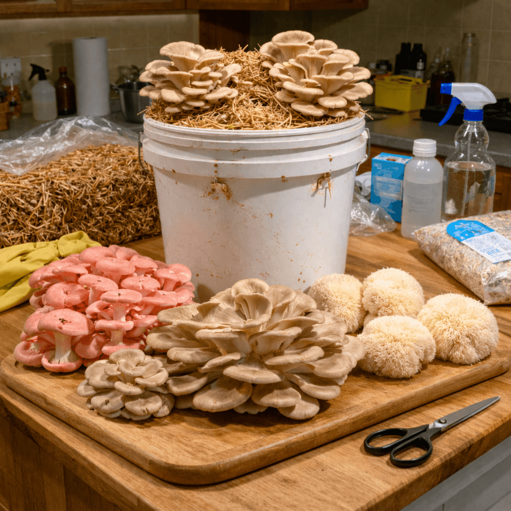 First mushroom grow setup with bucket of straw, pink oysters, blue oysters, and lion's mane on a kitchen counter