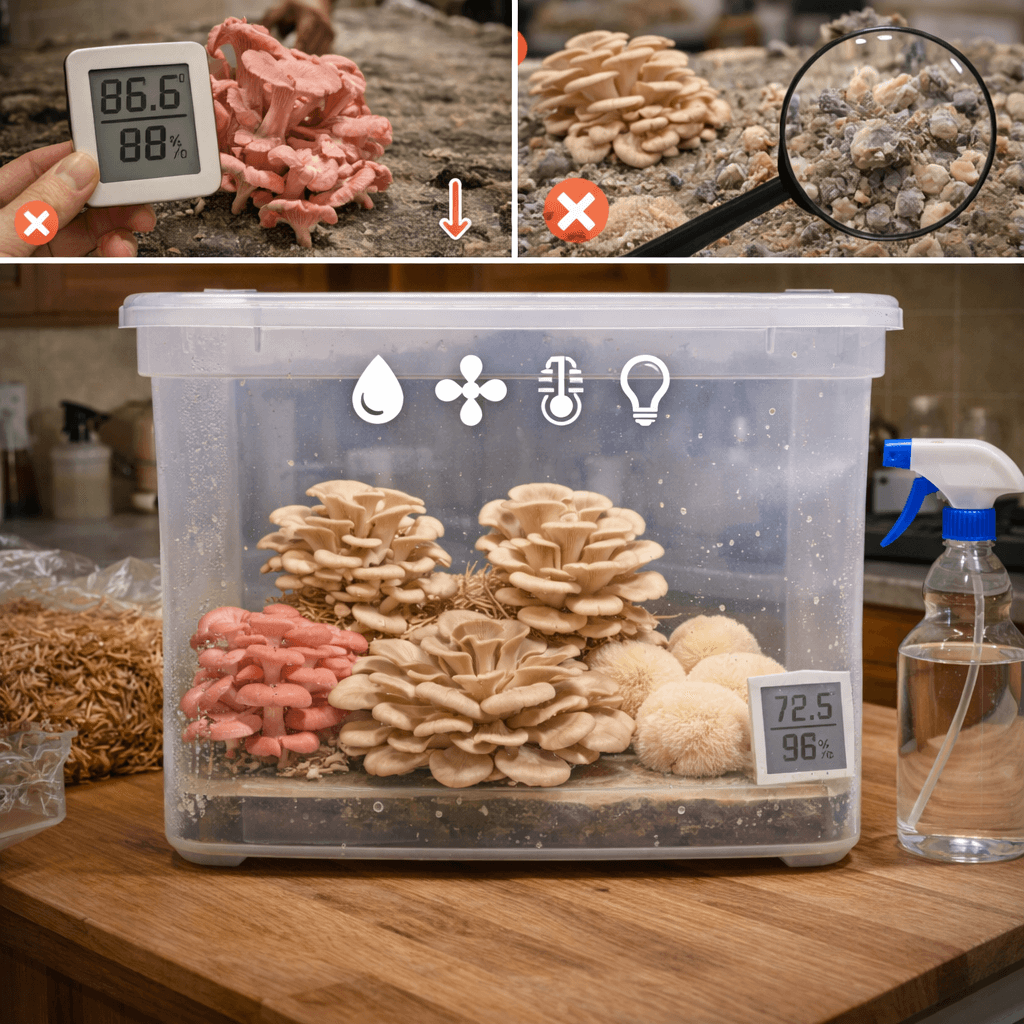 Fruiting chamber with hygrometer, spray bottle, and mushrooms growing in ideal conditions