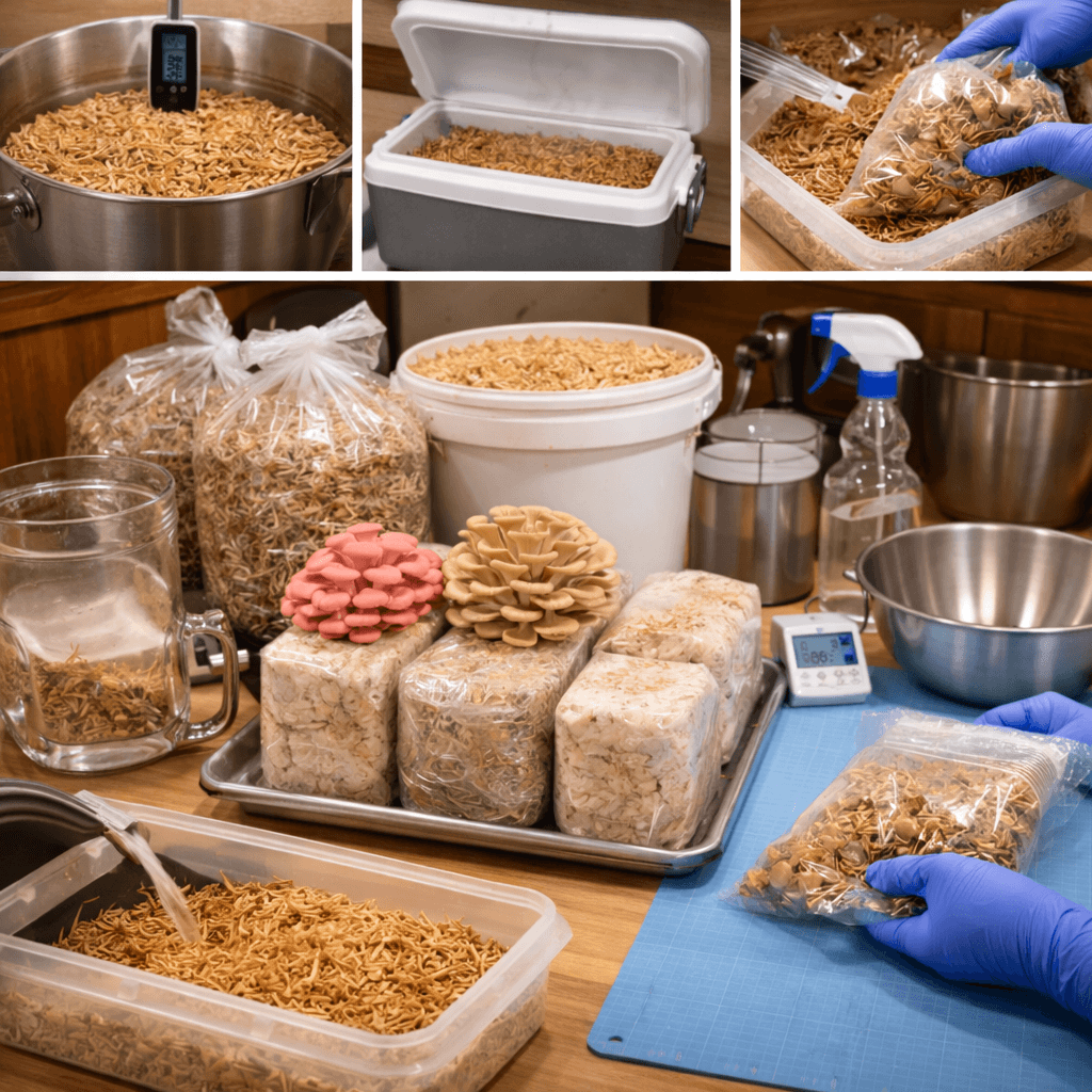 Substrate preparation and spawn inoculation — pasteurization methods and grow bag assembly