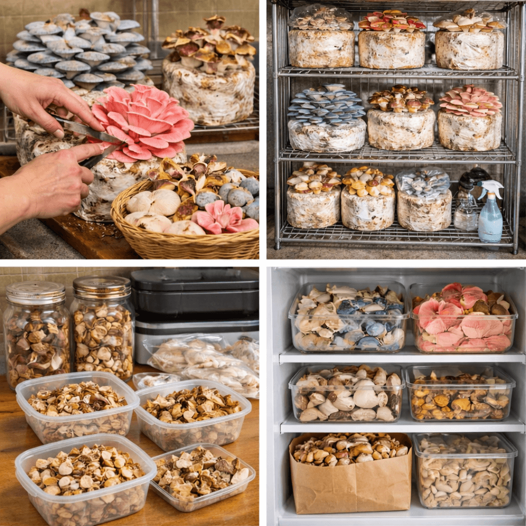 Harvesting, storing, and staggering mushroom grows — shelves of grow bags and preserved mushrooms