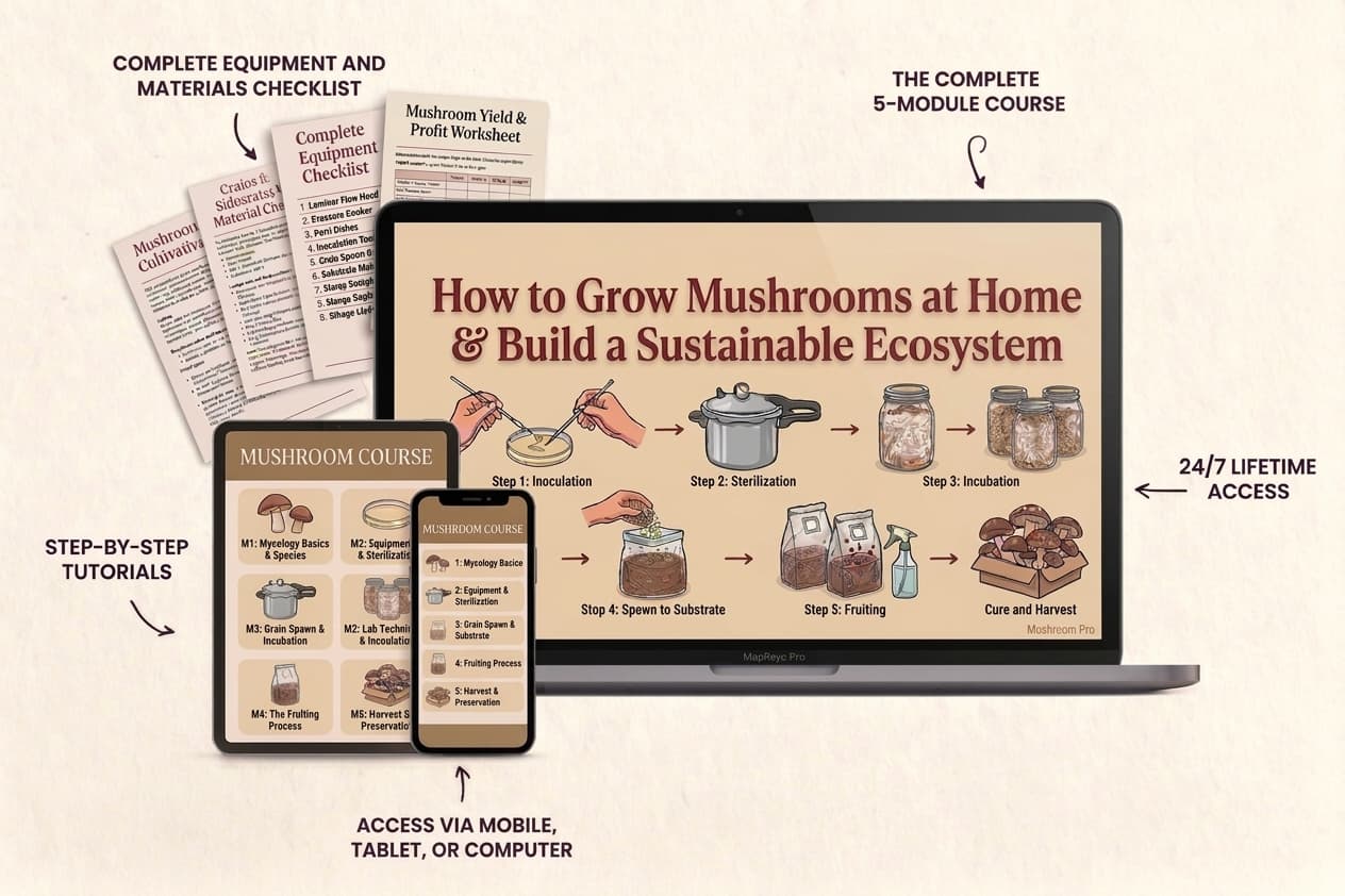 The Home Mushroom System — complete course overview with modules, checklists, and lifetime access