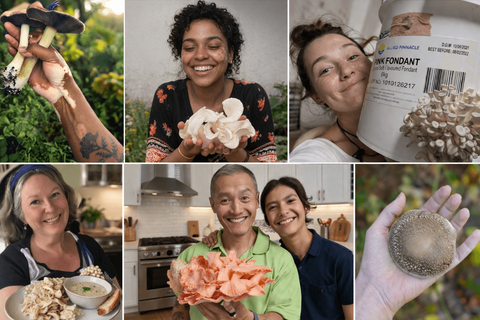 First students of The Home Mushroom System showing off their mushroom harvests